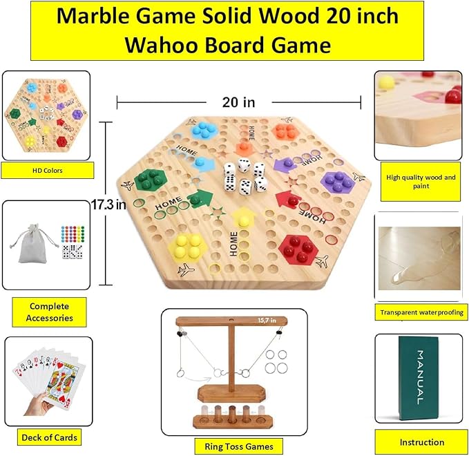 Wooden Wahoo Marble Board Game (20 INCH), Double-Sided, for 2-6 Players, with 24 Marbles and 6 dice. Also Includes Ring Toss, Wooden Hook and Ring Gameand Premium Playing Cards.