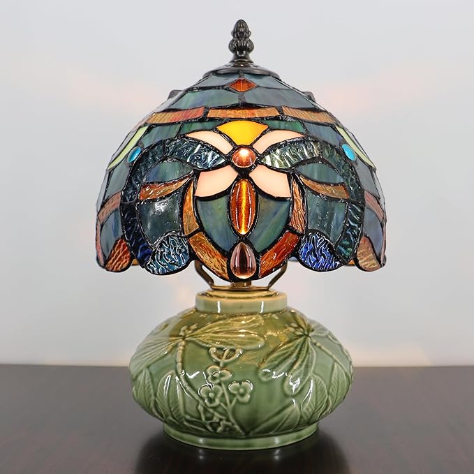 Small Tiffany Lamp Mushroom Table Lamp, Mini Stained Glass Desk Light Memory Sympathy Ceramic lamp 8X11 Inch (Blue Baroque Style)