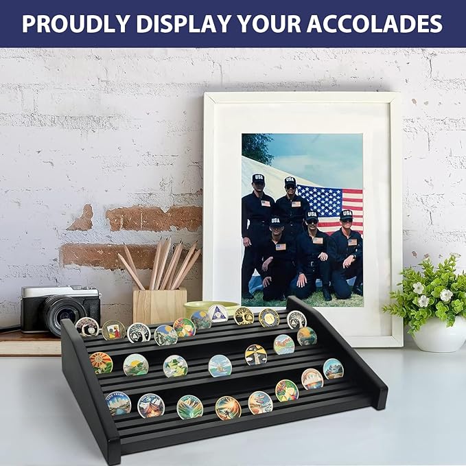 Challenge Coin Display Holder, 12 Rows Solid Wood Military Coin Stand Holds 80-100 Coins, Army Coin Display Rack for Desk (Black Finish)