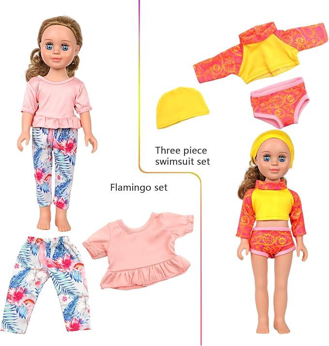 MSYO 10 Sets (19 Pcs) Doll Clothes for 17-18 Inch Dolls, Diverse Outfits (Dinosaur Print, Flamingo Top, Floral Dress) & Casual Wear, Fashion Dress-Up Set for Kids’ Play & Gifting