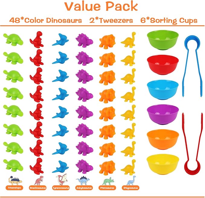 LOKIPA Counting Dinosaurs Toys Matching Game with Rainbow Sorting Cups, Color Sorting Set Preschool Learning Activities Education Toys for Toddlers Kids Ages 3 Years and Up