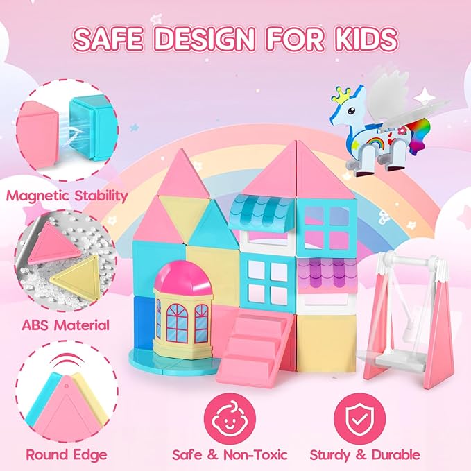 Unicorn Toys for Girls Age 4-6, Unicorn Magnetic Tiles, Movable Magnetic Tiles 3D Educational Toy, Magnetic Building Blocks for Kids, Magnetic Construction Set, Xmas Birthday Gifts for Boys and Girls