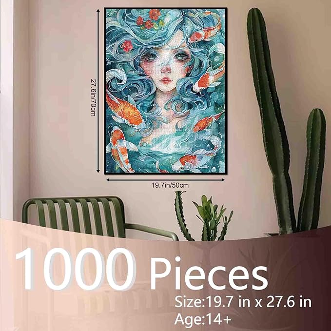 Tucocoo Watercolor Girl Jigsaw Puzzles for Adults 1000 Pieces, Koi Fish Blue Ocean Abstract Art Jigsaw Puzzle Colorful DIY Handwork Puzzles for Home Decoration, Family Puzzle Perfect for Game Nights