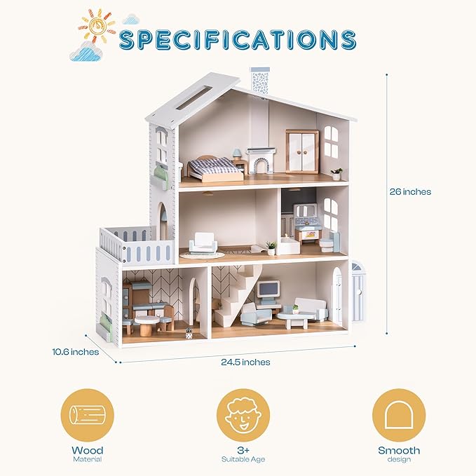 ROBOTIME Wooden Dollhouse, Wooden Doll House with 29 Pieces of Furniture, 6 Rooms Fits 4-6 Inch Dolls, Gift for Kids Ages 3+