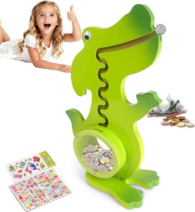 Dinosaur Piggy Bank for Kids Boys Girls, Wooden Dino Coin Bank with Large Clear Acrylic Belly, Cute Money Savings Box for Toddlers Birthday Christmas (Gradient-Green)