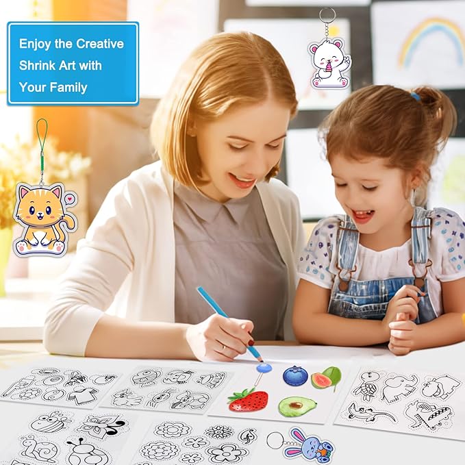 chfine Heat Shrink Plastic Sheets Keychain Kit, 200Pcs Shrinky Dink Sheets Kit Shrink Art Kits Including 20 Pcs Shrink Paper Sheets, Hole Punch, Pencils, Keychains, Tweezers, Scissors for Crafts