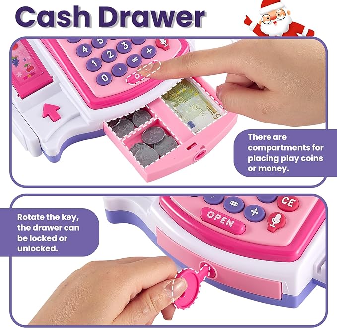 BUYGER Kids Cash Register Toy with Scanner, Receipt Printer, Microphone, Shopping Play Food - Pretend Role Play Birthday for Toddler Kids Boys Girls Ages 3 4-8+ Years Olds