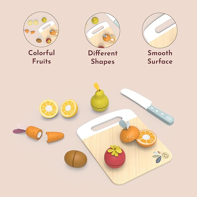Speedy Monkey Wooden Play Food Set for Toddler – Fruits & Vegetables Cutting Playset, FSC Certified Pretend Food Toy for Kids, Role Play Kitchen Set with Safe Cutting Board & Knife