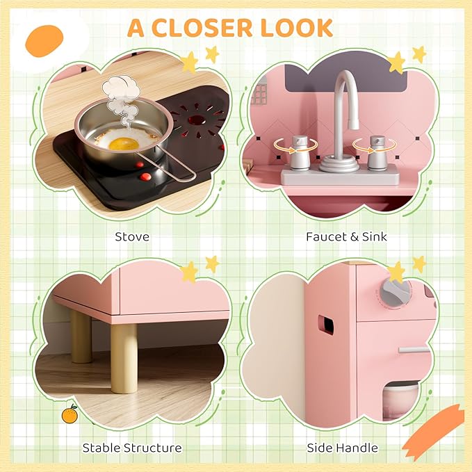 MAMIZO Wooden Kids Play Kitchen Set with Real Lights & Sounds, Interactive Pretend Kitchen with Knob Sounds, Sink, Water Dispenser, 6 Pcs Cookware & Chalkboard Panel for Toddlers and Children (Pink)
