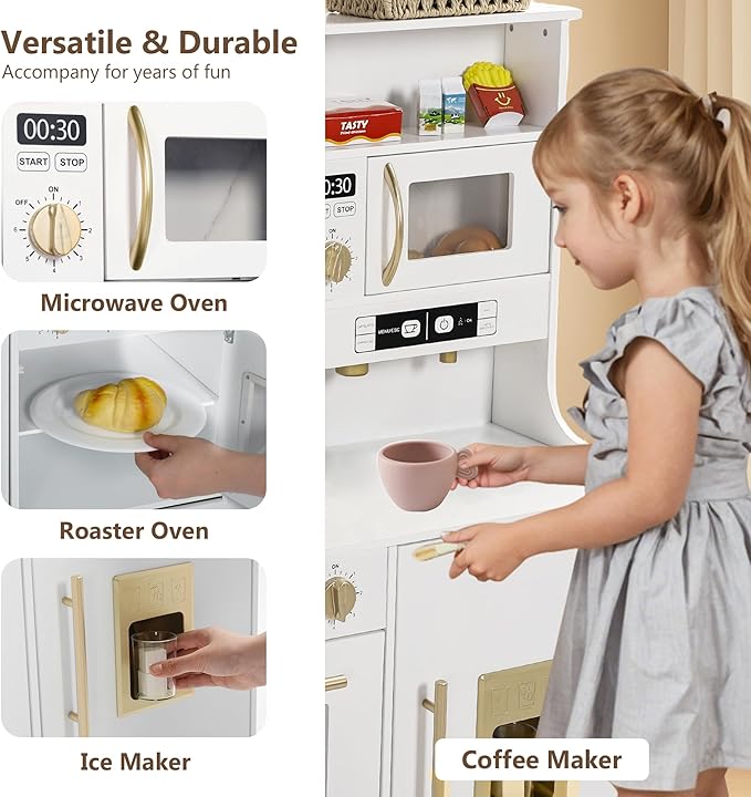 Kinder King Wooden Kids Play Kitchen, Toy Kitchen Playset for Toddler, Play Kitchen Set w/Real Sounds, Pretend Coffee Machine, Kitchen Hood, Sink, Ice Maker, Gift for Boys Girls Age 3+, White