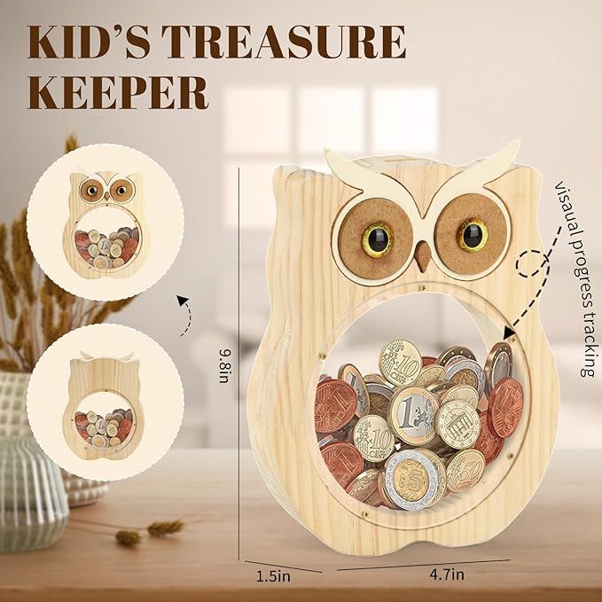 Wooden Money Bank, House-Shaped Piggy Bank with Clear Window, Decorative Coin Storage Box for Kids (Owl Piggy Bank)