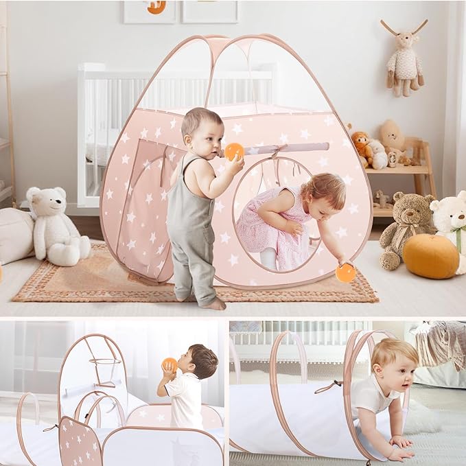 PigPigPen 3 in 1 Kids Play Tent with Play Tunnel and Ball Pit, Toddler Clibing Toys for Boys & Girls, Pop Up Playhouse Toys for Baby Indoor Outdoor, Gift for 3+ Year Old Child