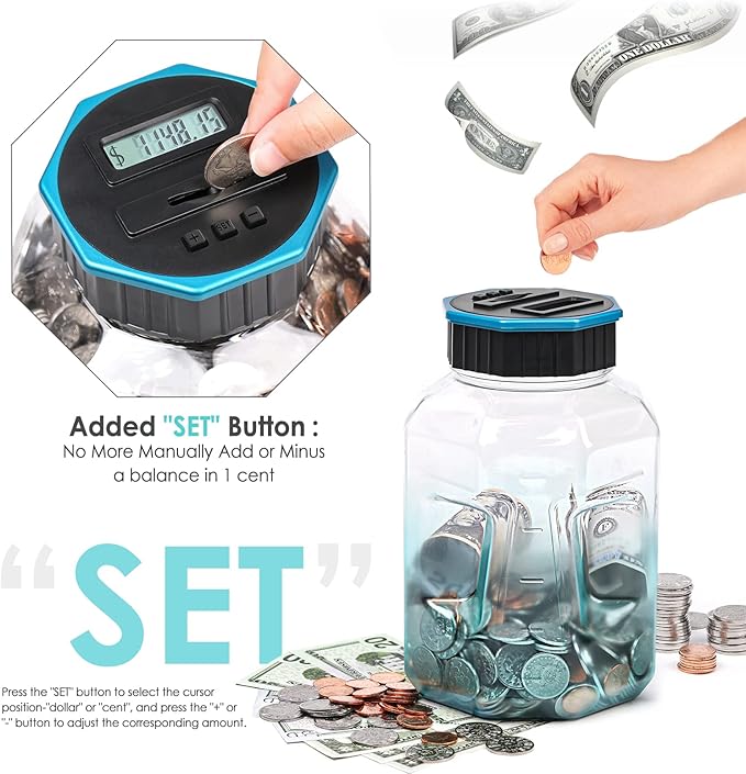 X-Large Piggy Bank for Adults Kids, Vcertcpl Digital Coin Counting Bank with LCD Counter, 2.4L Capacity, Great Coin Counter Bank Money Counting Jar with Total Amount Displayed (G Blue, X-Large)