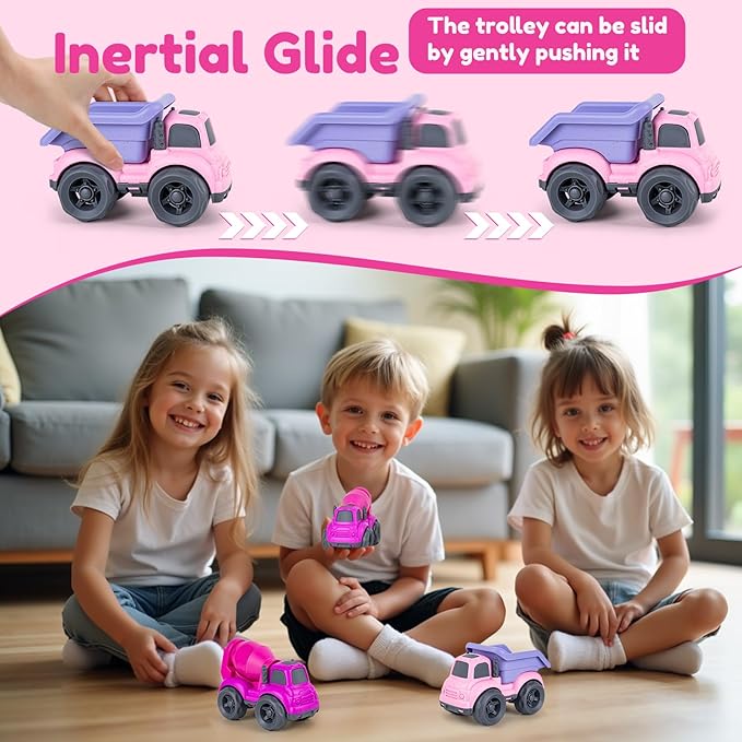 Dump Truck Toys for 3 Year Old Boys, BPA Free, Phthalates Free, PVC, Dump Truck, Mixer Cement, Easter Christmas Birthday Gifts for 2 3 4 Year Boy Girl. Dishwasher Safe,Recycled Plastic (Pink)