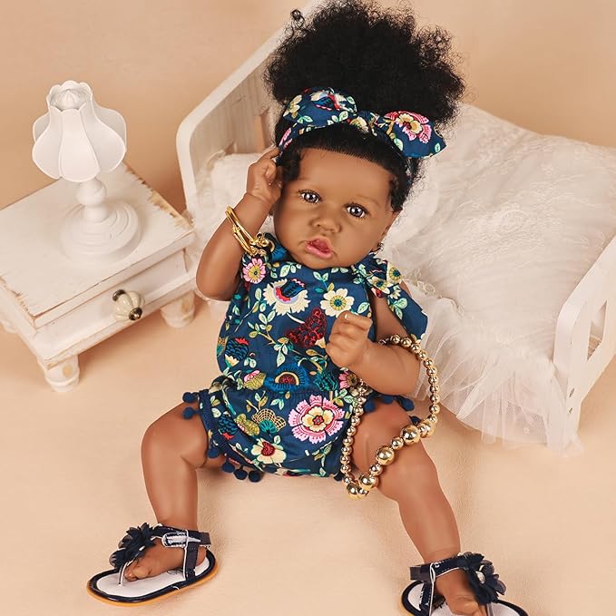 HOOMAI Reborn Baby Black Dolls African American Lifelike Silicone Doll Realistic 22.8 Inch with Cloth Body Birthday Gift Set for Ages 3+