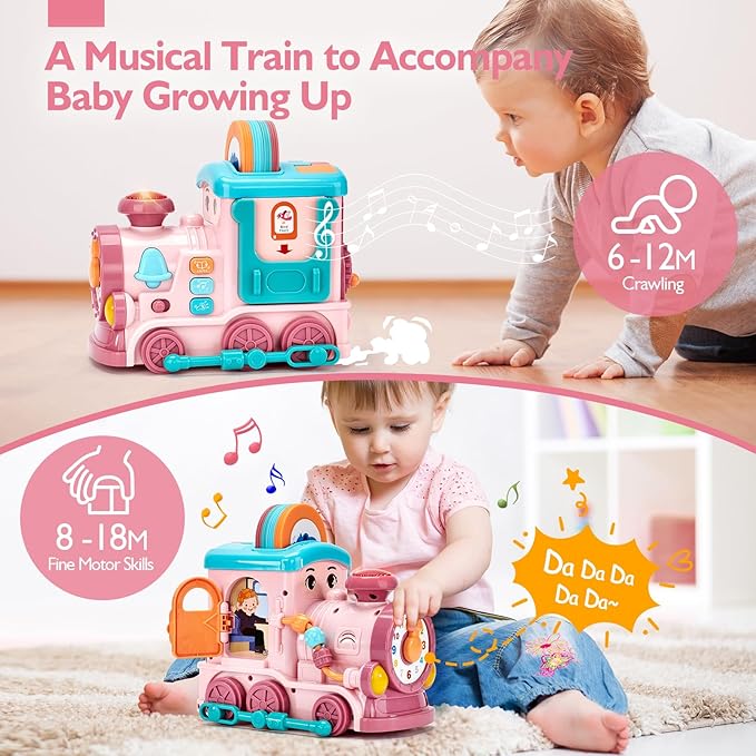 hahaland Musical Toy for Baby Girl Gifts，First Year Activity Musical Train with Talking Flash Cards Bilingual (EN/ES), Educational Learning Toys for Toddlers, Baby Toys 18-36 Months Girl Easter Gifts