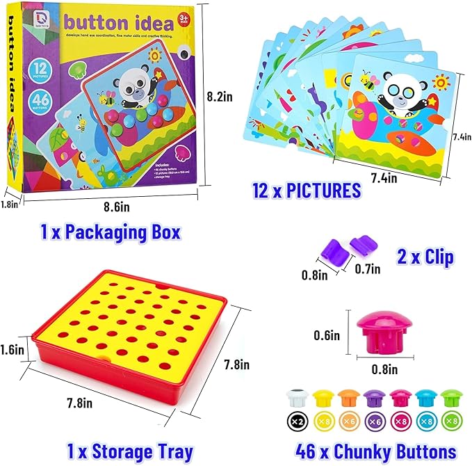 Button Art Toys for Toddlers, Crafts for Age 3-5, Early Educational Toys, Color Matching Mosaic Pegboard, Fine Motor Skills Game, Preschool Learning Activity Gifts for Boys & Girls 3+
