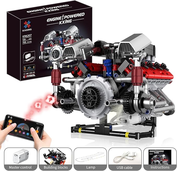 Le Mans Race Car Engine Building Blocks Kit,V8 Engine Model That Work Toy,with Motor & APP Control for 6+ Years Kids Adults (700 Pieces)