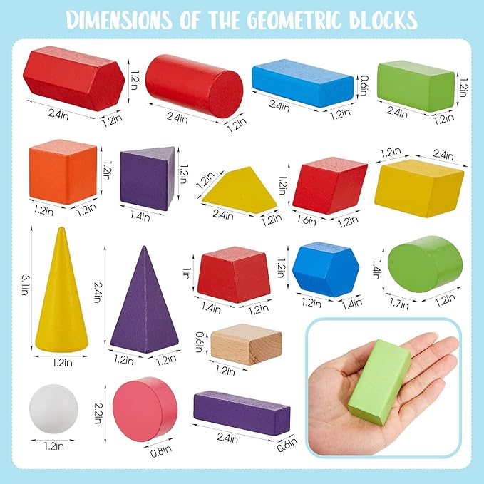 Deekin 18 Pcs Large 3D Shapes for Teaching Math Manipulatives Geometric Solids Blocks Montessori Learning Toys Blocks Solid for Preschool Elementary Kindergarten Home School Supplies (Wooden Shape)