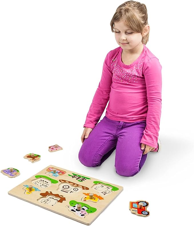 Professor Poplar’s Wooden Barnyard Peg Puzzle (8pcs.) - Wood Learning Puzzles for Toddlers and Kids, Animal Themed