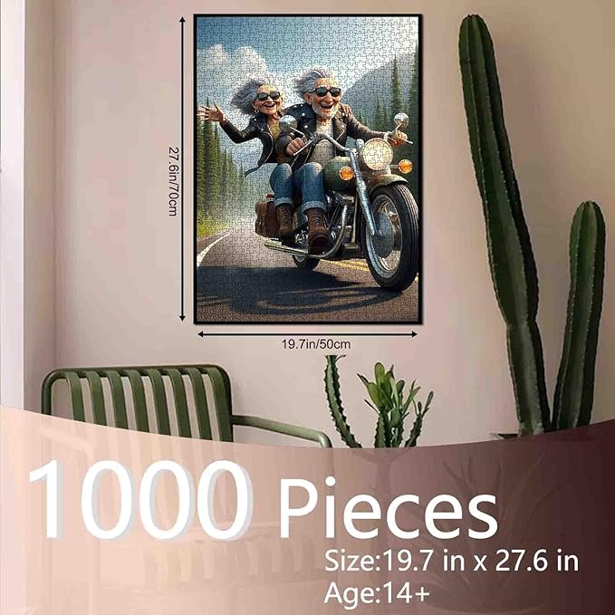 Elderly Couple Riding Motorcycle Jigsaw Puzzle 1000 Pieces for Adults Students Fun Road Trip Jigsaw for Relaxation Home Decor Challenge Puzzles Gift 20×27 Inch Brain Game for Seniors Family Activity