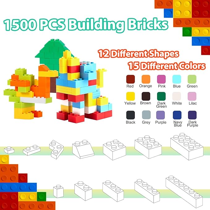 1500 Pieces Classic Building Bricks in 15 Popular Colors and 12 Mixed Shapes, Creative Small Building Blocks Set Learning Educational Toy Gift for Kids, Compatible with All Major Brands