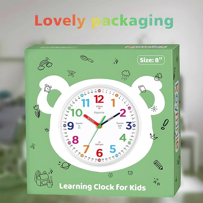 Roymnie12 Inch Wall Clock for Kids Learning to Tell Time Easily Analog Non Ticking Battery Operated Teaching Clock Silent Teaching Time Clock Decorative for Kids Room Classroom School (White Grain)