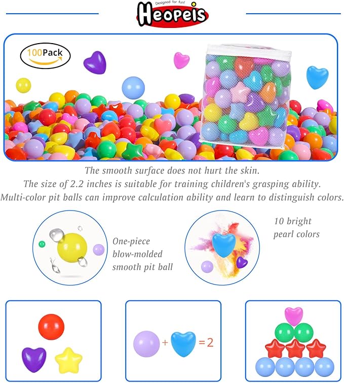 Ball Pit Balls Pack of 100 200 500 - Star and Round Set BPA Free Phthalate Free Non-Toxic Crush Proof Play Balls Soft Plastic Balls for Toddlers Baby Kids Birthday Pool Tent Party