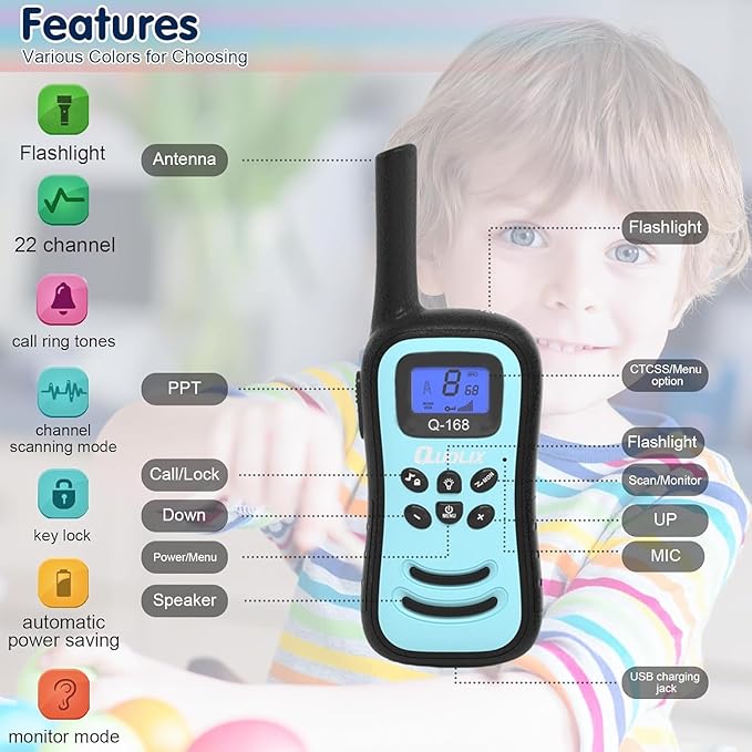 QUOLIX Walkie Talkies for Kids Rechargeable, Kids Walkie Talkie with Flashlight VOX Function, Great for Camping, Hiking, Outdoor Play, for Boys and Girls Ages 3 12. (2 Pack)