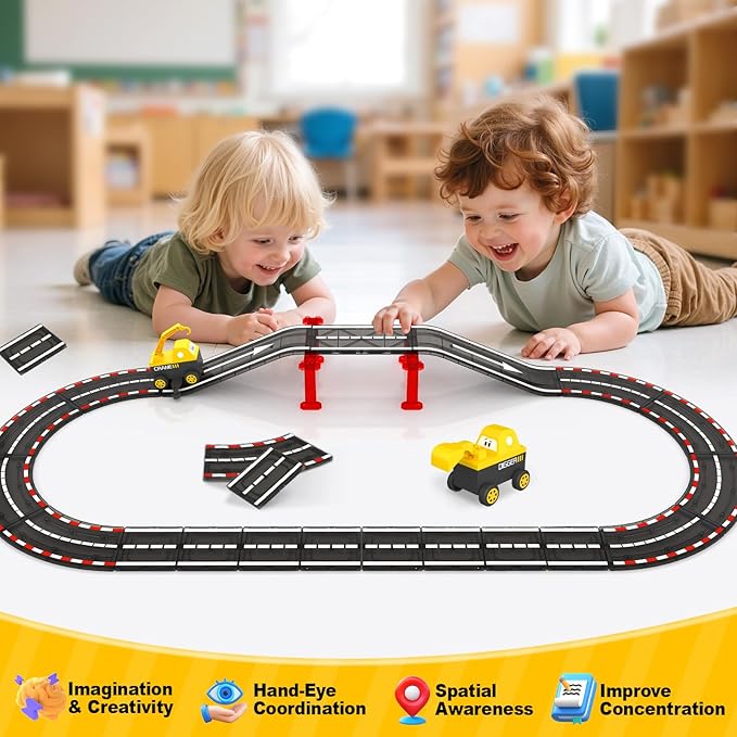 Magnetic Tiles Road Race Track with Engineering Car, Magnetic Building Blocks for Toddler Kids Toys, Educational Construction Toys Gift for 3+ Year Old Boys and Girls