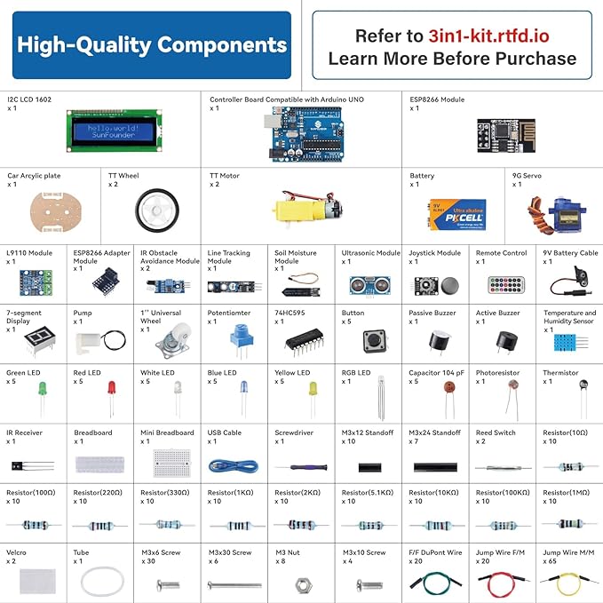 SunFounder Ultimate Starter Kit Compatible with Arduino UNO IDE Scratch, 3 in 1 IoT/Smart Car/Basic Kit with Online Tutorials, Video Courses, 192 Items, 87 Projects, Suitable for Age 8+ Beginners