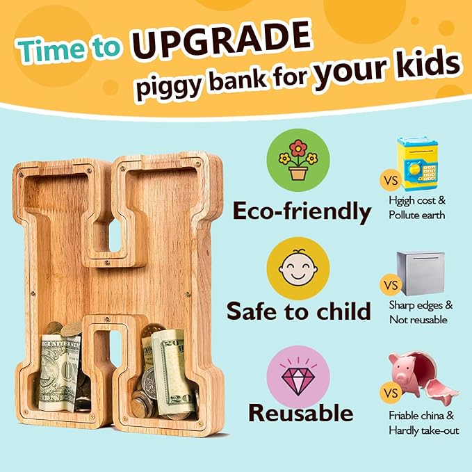 SummiDate Wooden Letter Piggy Bank| Piggy Bank for Boys Girls Toddler| Alphabet H Money Bank| Coin Bank Birthday Gift for Kids|Birthday Gift for Kids (H)