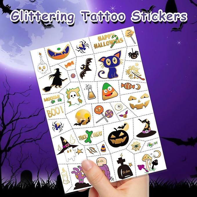 Halloween Temporary Tattoos For Kids Pumpkin, Ghost, Witch Halloween Party Favors for Boys or Girls- 126 pcs Golden Goodies Waterproof Fake Tattoos For Kids 6 7 8 9 10 11 12 years old