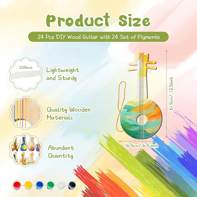 Syhood 48 Pcs/24 Sets DIY Guitar Kit for Kids Guitar Wooden Guitars Paint Bulk Music Party Favor Music Arts Crafts for Kid Boy Girl Halloween Christmas Supplies, 6 Difference Designs