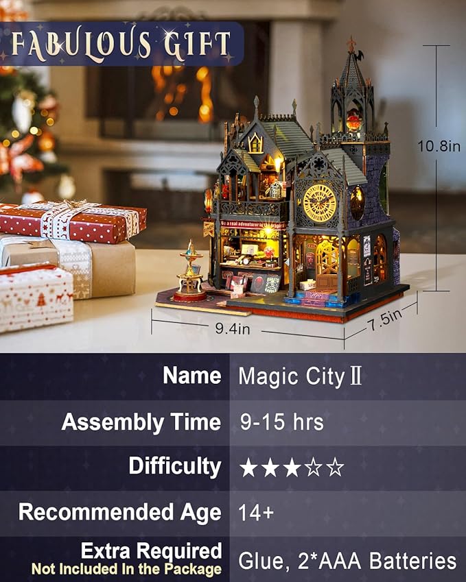Miniature House Kit Magic City Ⅱ, DIY Miniature Dollhouse Kit for Adults, Tiny House Unique Decor with LED Lights, Wooden Craft Mini Model Kits, Birthday Gift for Teens Family Friends