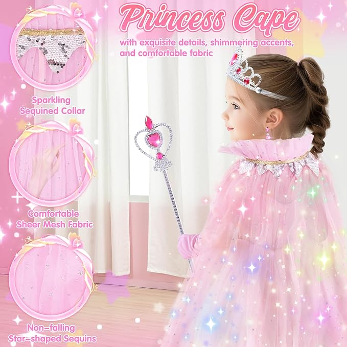 Princess Dress Up Clothes for Little Girl, Light Up Princess Cape Set with Crown, Princess Dresses for Girls 3-8 Role Play, Princess Toy Gift for Halloween Christmas Birthday Party
