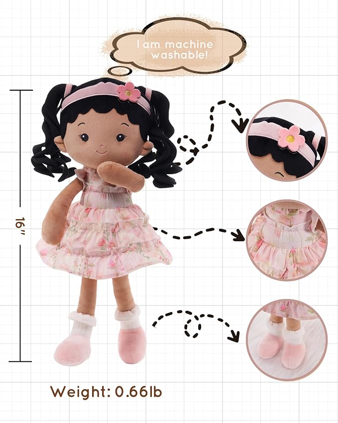 LeyaDoll Personalized Soft Baby Doll Toys (16''), My First Baby Rag Doll for 1 Year-Old Girl Birthday Gift, Christmas Plush Toys Gift for Toddler Kids Infants - Princess Petal