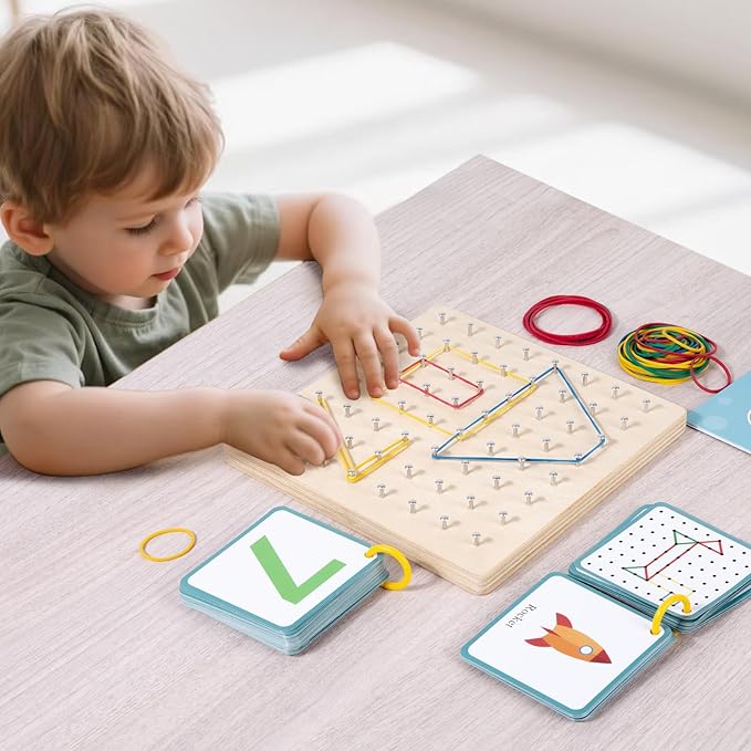 Wooden Geoboard with Rubber Bands, STEM Educational Toy for Spatial Reasoning and Fine Motor Skills Kids 3 Years+