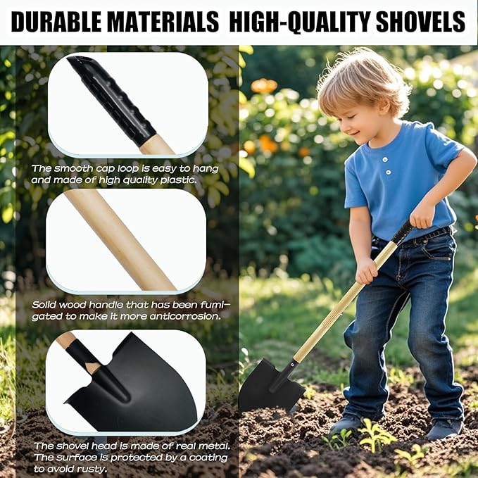 Kids Rake and Shovel Set, 2Pcs Garden Tools Metal Head with Wooden Handle, Great Gardening Gifts for Boys Girls Age 3 and Up