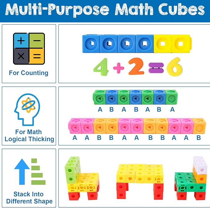 Poen 800 Pcs Linking Cubes for Math Counting Blocks Colorful Manipulatives Cubes Toy Connecting Blocks Education Learning Math Construction Toy for Kids Ages 4-8 Stem Activity