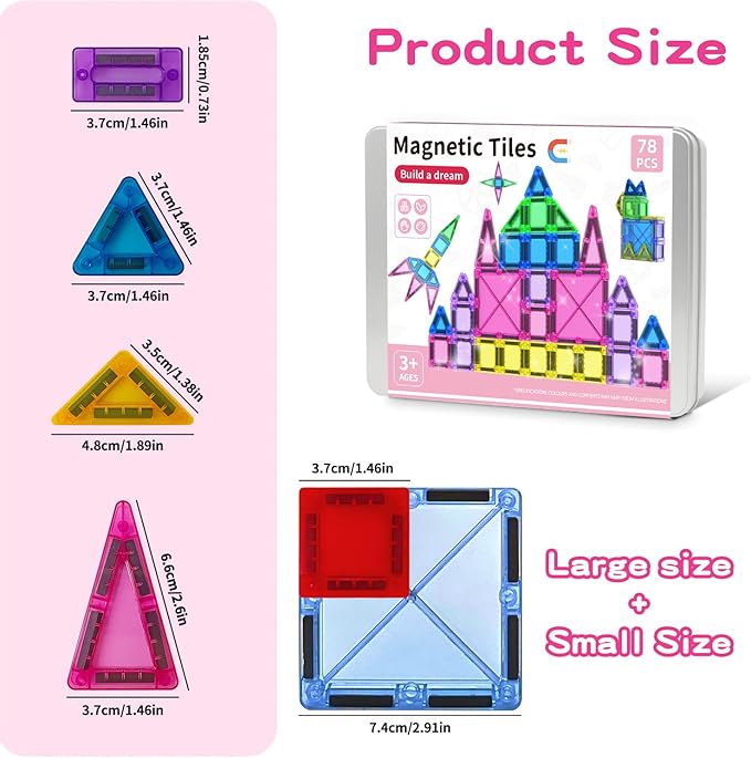 78PCS Magnetic Tiles Mini Travel Kids Set, Learning Sensory Toys，Preschool Classroom Magnetic Blocks Building Kids Toys & Games, for 3-8 Year Boys Girls Birthday Gift