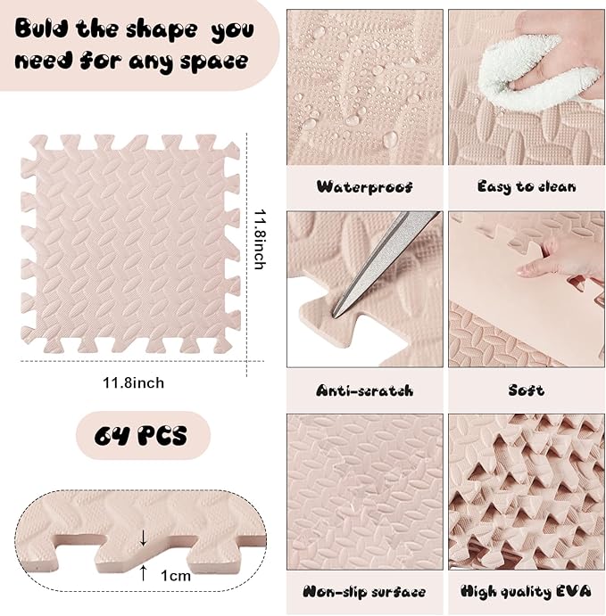 Shihanee Foam Floor Baby Tiles Foam Floor Mats Play Mats Bulk with Borders Interlocking for Kids Baby Playroom Nursery Gym (Beige,64ft)