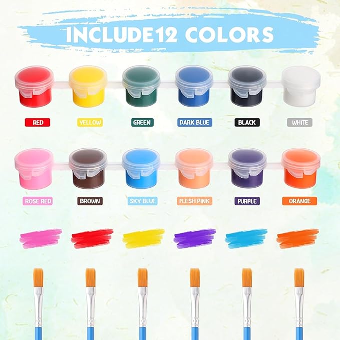 15 Set 12 Colors Washable Acrylic Paint Strips Kit for Kids with 30 Pcs Painting Brushes Totally 210 Pcs Mini Acrylic Paint Set for Kid Adult Arts and Crafts, Classroom Painting Supplies (210)