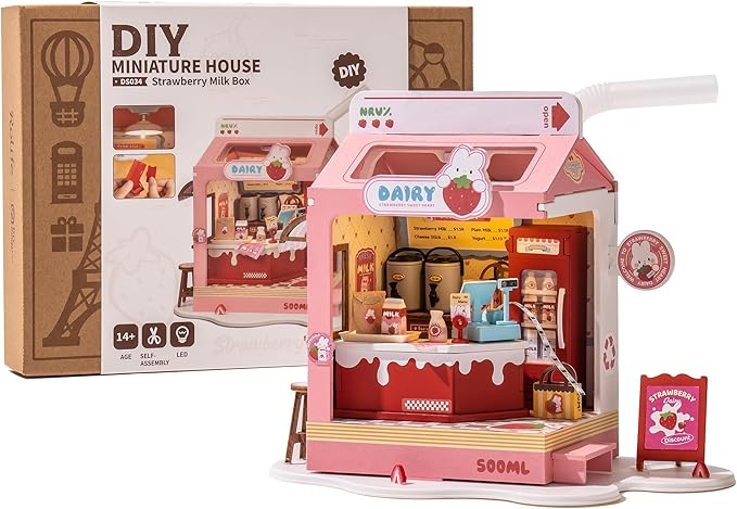 DIY Mini House Building Miniature Kit Milkbox, Miniature Lifestyle Bookshelf Decoration, Cute Craft Kits for Women or Girls 14+, Kawaii Gifts Hobbies for Crafters (Strawberry Milkbox)