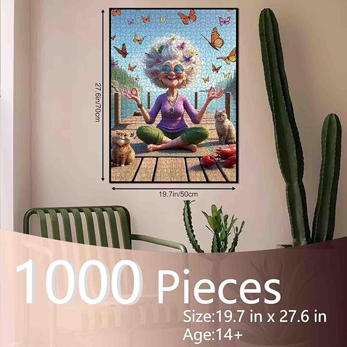 Funny Grandma Meditation Yoga Jigsaw Puzzle for Adults Students 1000 Pieces Butterfly Cat Lobster Relaxing Lake Scenery Whimsical Animals 20×27 Inches Large Puzzle Brain Challenge Gift for Women Men