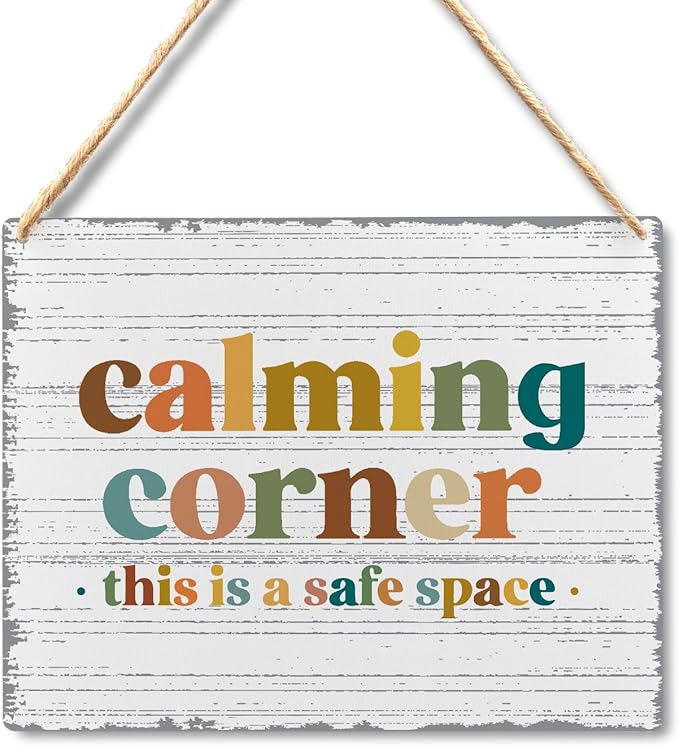 Calming Corner Hanging Wood Sign - Safe Space Classroom, School Counselor's Office, Calm Down Corner Decor - Boho Style, 10x8