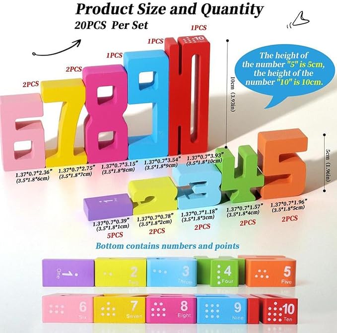 Tally Tots - Tally Tots Number Blocks, 20pc Montessori Wooden Number Building Blocks, Friends of 10 Blocks, Stacking Sensory Number Block, Building Digit Blocks Unlock Your Math (1pc)