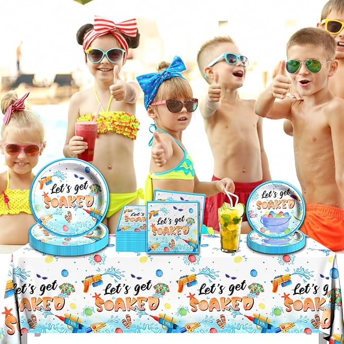 Summer Party Decorations,Pool Party Supplies Tableware Set,Let's Get Soaked Water Gun Pool Party Include Dinner Plates,Napkins,Tablecloth,for Summer Beach Kids' Birthday Hawaiian Decorations