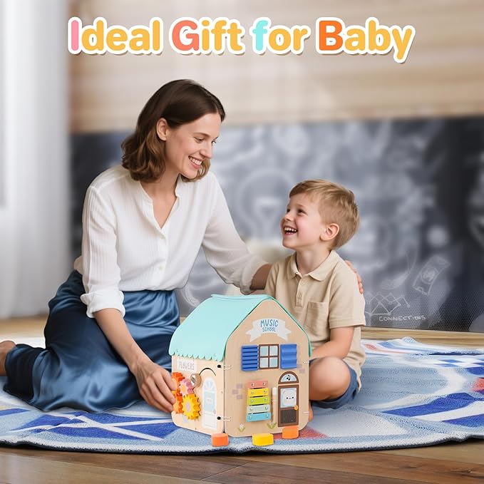 Asweets Montessori Wooden Busy House - Busy Board Toy for Toddlers, Pre-School Education and Learning Sensory Game Toys, Large Gifts for Babys, Boys, Girls