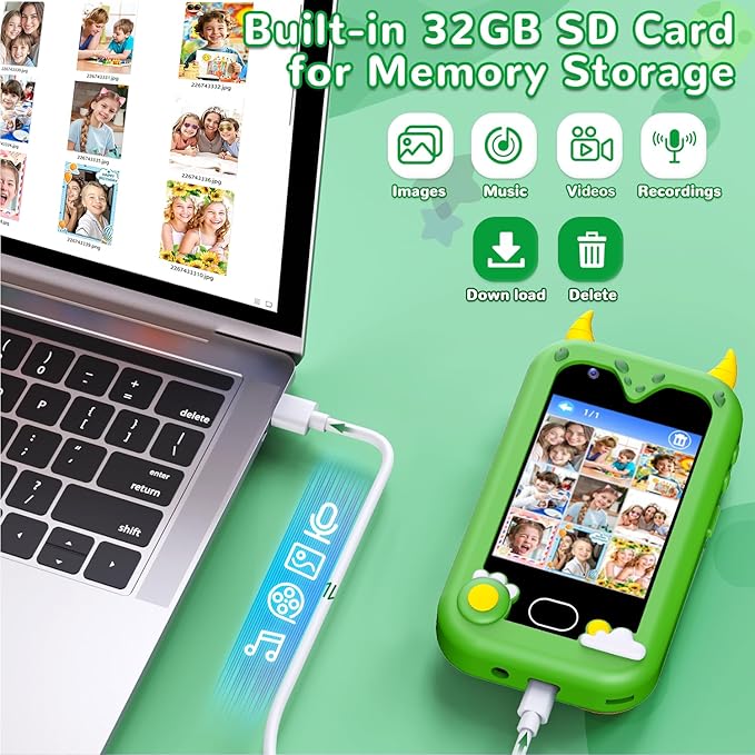 Lapare Kids Smart Phone Toys, 2.8'' Touchscreen HD Dual Camera Cell Phone for Kids, Birthday Gifts Dinosaur Toddler Play Phone for Boys 3-10, Travel Learning Toy for with 32GB SD Card(Green)